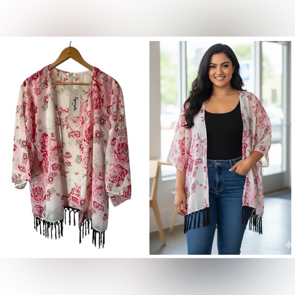 Simply NYC Accessories - Simply NYC Pink Floral Shrug with Black Fringe